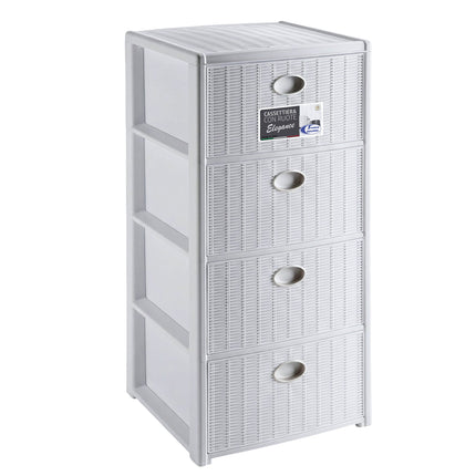 Cassettiera in Plastica con Ruote 4 Cassetti – Elegance Effetto Midollino Bianco Stefanplast