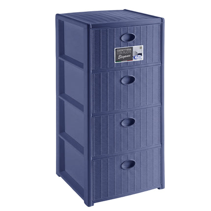 Cassettiera in Plastica con Ruote 4 Cassetti – Elegance Effetto Midollino Blu Navy Stefanplast