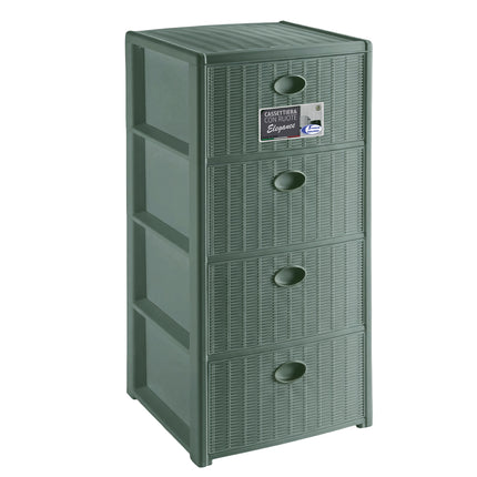 Cassettiera in Plastica con Ruote 4 Cassetti – Elegance Effetto Midollino Forest Green Stefanplast