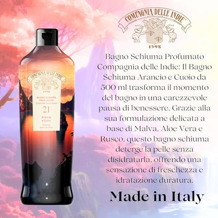 Compagnia delle Indie - Bagnoschiuma Idratante Arancia e Cuoio - Profumato e Delicato - Adatto a Pelle Sensibile - Formula per Uomo e Donna - 500ml Compagnia delle Indie