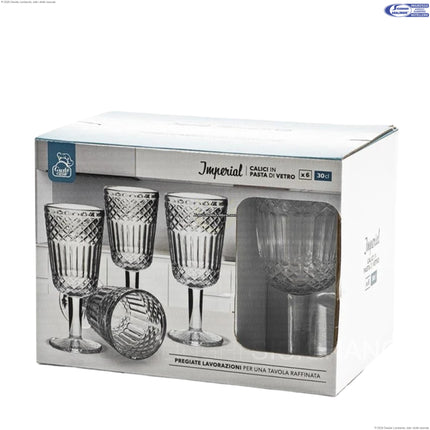 Calici Imperial in Vetro 30 cl – Set 6 Pezzi con Lavorazione Decorativa, Ideali per Vino, Aperitivi e Bevande Speciali General Trade