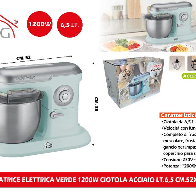 Impastatrice Elettrica Verde 1200W Ciotola Acciaio Lt.6,5 Cm.52X30X38H
