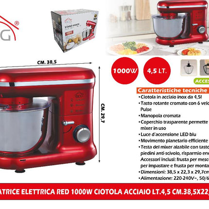 Impastatrice Elettrica Red 1000W Ciotola Acciaio Lt.4 Cm.38,5X22,3X29,7H