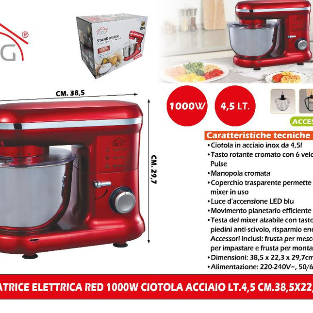 Impastatrice Elettrica Red 1000W Ciotola Acciaio Lt.4 Cm.38,5X22,3X29,7H