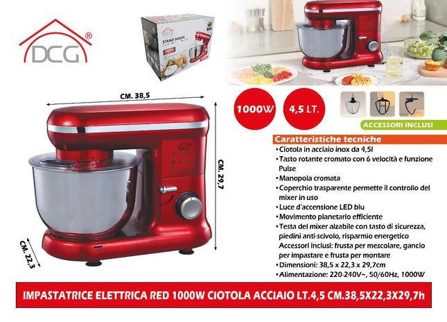 Impastatrice Elettrica Red 1000W Ciotola Acciaio Lt.4 Cm.38,5X22,3X29,7H DCG