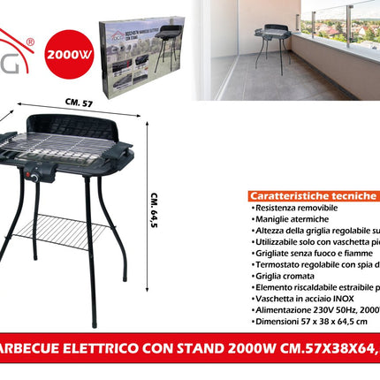 Barbecue Elettrico con Stand 2000W - Griglia Facile da Balcone DCG