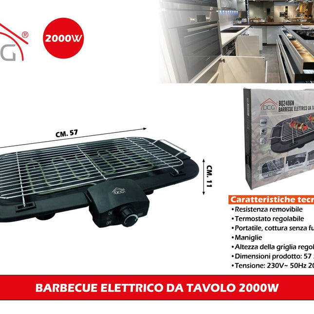 Barbecue Elettrico da Tavolo 2000W - Griglia Compatta per Casa DCG