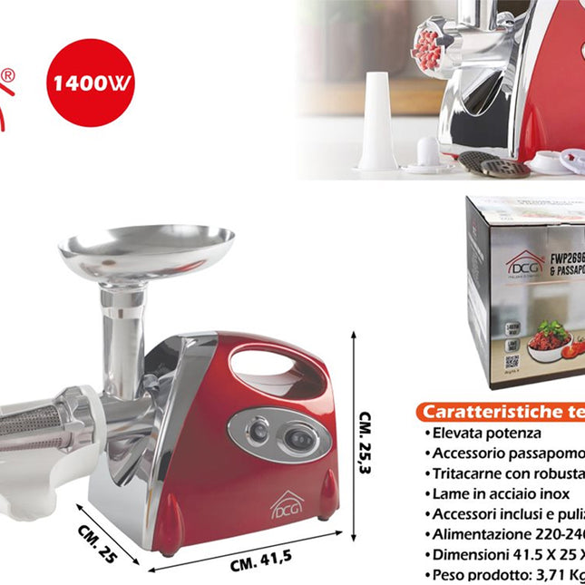 Tritacarne Spremipomodoro 1400W Acciaio Inox 41,5X25X25,3H