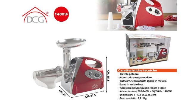 Tritacarne Spremipomodoro 1400W Acciaio Inox 41,5X25X25,3H DCG