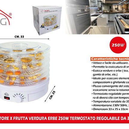 Essiccatore X Frutta Verdura Erbe 250W Termostato Regolabile Da 35 A 70° C