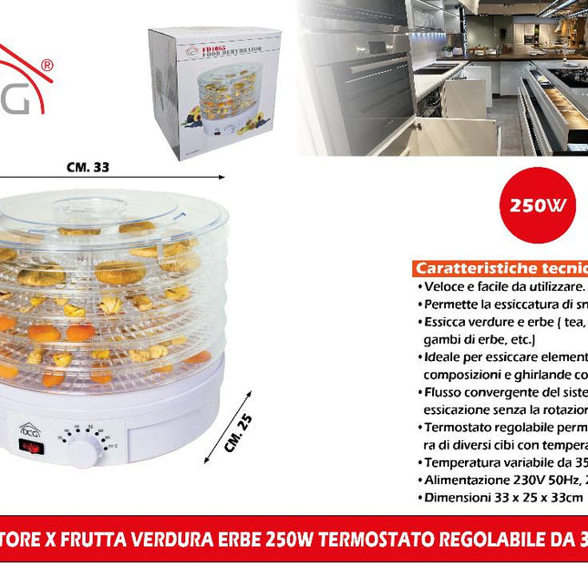 Essiccatore X Frutta Verdura Erbe 250W Termostato Regolabile Da 35 A 70° C