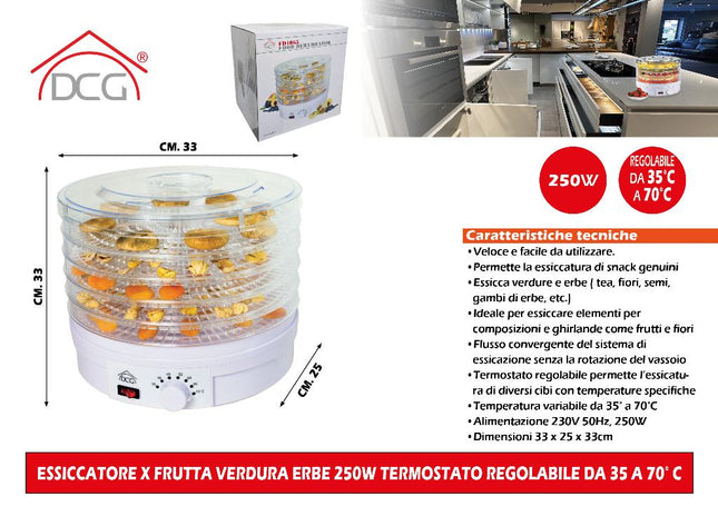 Essiccatore X Frutta Verdura Erbe 250W Termostato Regolabile Da 35 A 70° C DCG