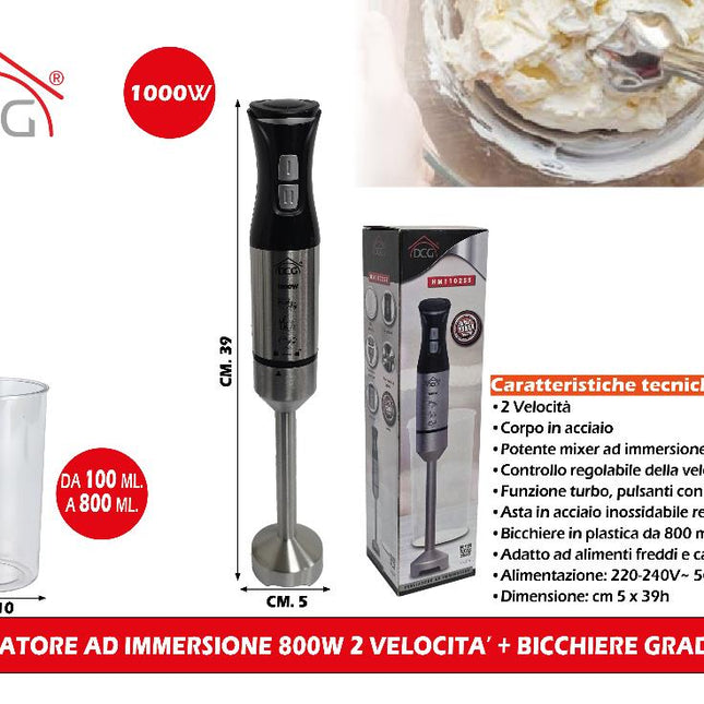 Frullatore Ad Immersione 800W 2 Velocita' + Bicchiere Graduato