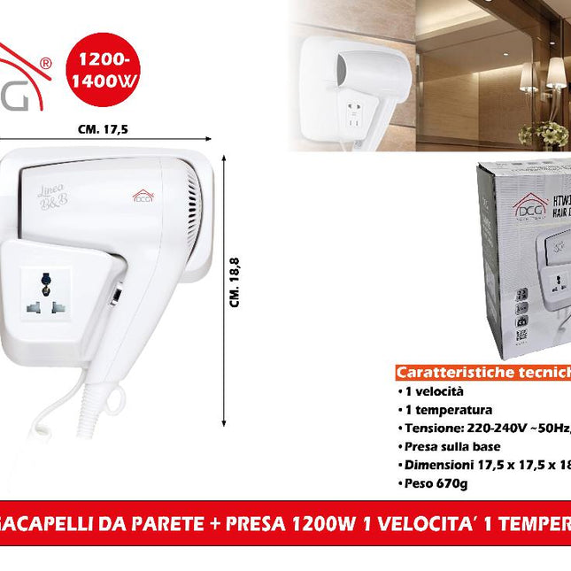Asciugacapelli Da Parete + Presa 1200W 1 Velocita' 1 Temperatura