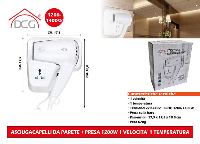Asciugacapelli Da Parete + Presa 1200W 1 Velocita' 1 Temperatura DCG