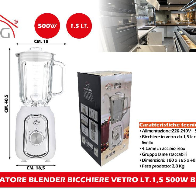 Frullatore Blender Bicchiere Vetro Lt.1,5 500W Bianco