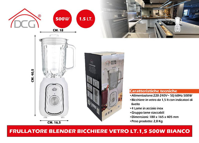 Frullatore Blender Bicchiere Vetro Lt.1,5 500W Bianco