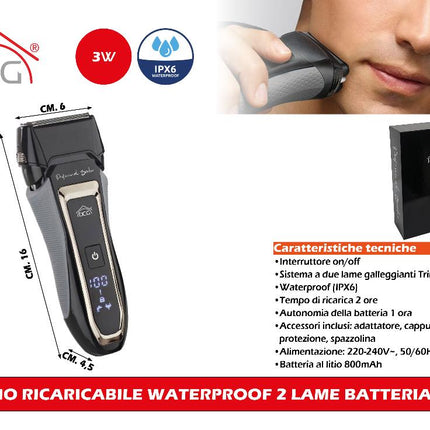 Rasoio Ricaricabile Waterproof 2 Lame Batteria Litio