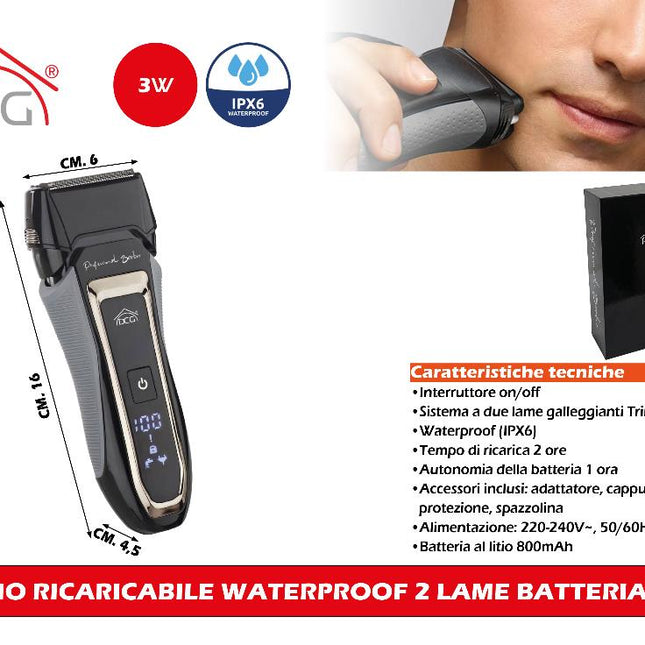Rasoio Ricaricabile Waterproof 2 Lame Batteria Litio