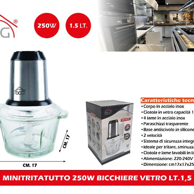 Minitritatutto 250W Vetro 1,5L Acciaio Inox 4 Lame