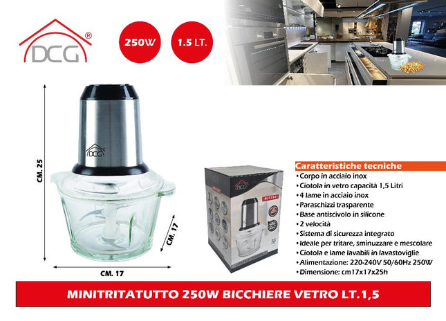 Minitritatutto 250W Vetro 1,5L Acciaio Inox 4 Lame DCG