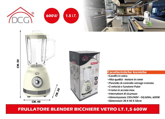 Frullatore Blender Bicchiere Vetro Lt.1,5 600W