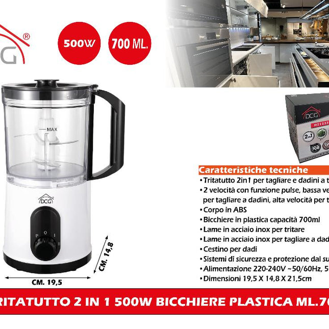 Tritatutto 2 In 1 500W, Bicchiere Plastica 700Ml, Lame Inox