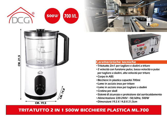 Tritatutto 2 In 1 500W, Bicchiere Plastica 700Ml, Lame Inox DCG