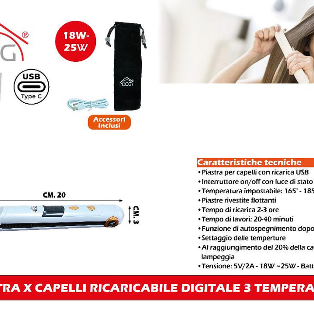 Piastra X Capelli Ricaricabile Digitale 3 Temperature
