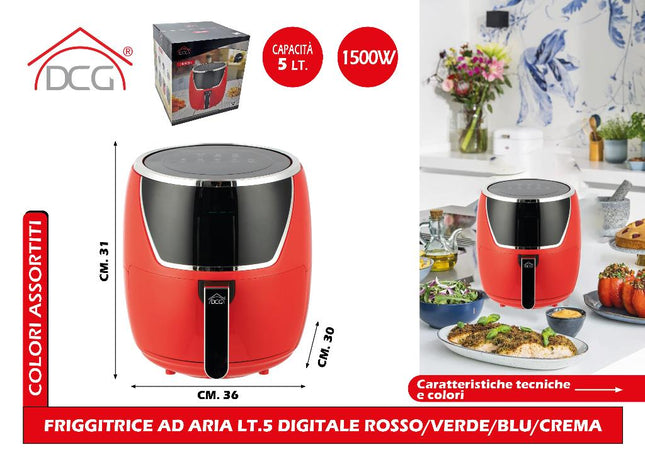 Friggitrice Ad Aria Lt.5 Digitale Rosso/Verde/Blu/Crema DCG