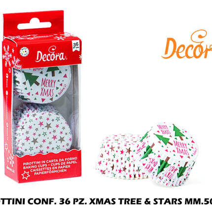 Pirottini Confezione 36 Pezzi Xmas Tree &Amp; Stars Cm.5X3,2 Stars Decora Muffin Dolcetti