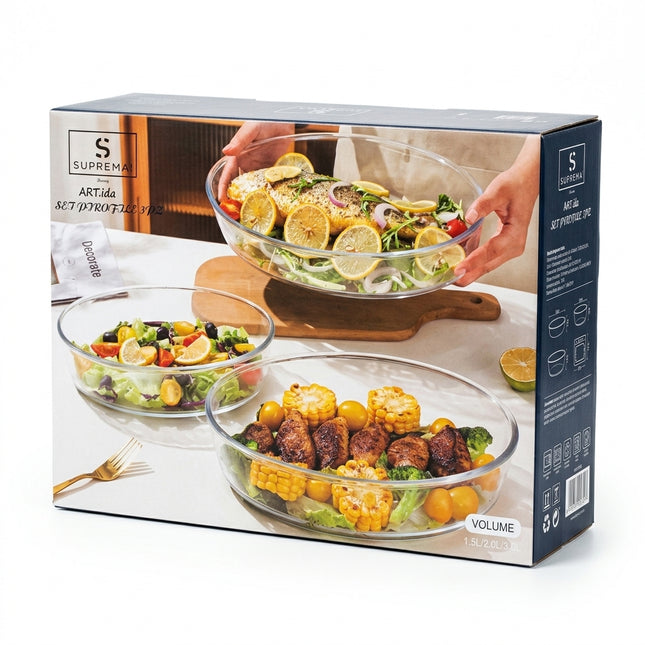 Tris Pirofile Ovali in Vetro Borosilicato da Forno e Servizio - Set 3 Pezzi D&D Casalinghi