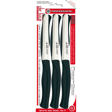 Set 6 Coltelli da Tavola Punta Tonda Lama 11cm – Acciaio Inox all’Azoto, Lavabili in Lavastoviglie Nero De Luca Coltellerie