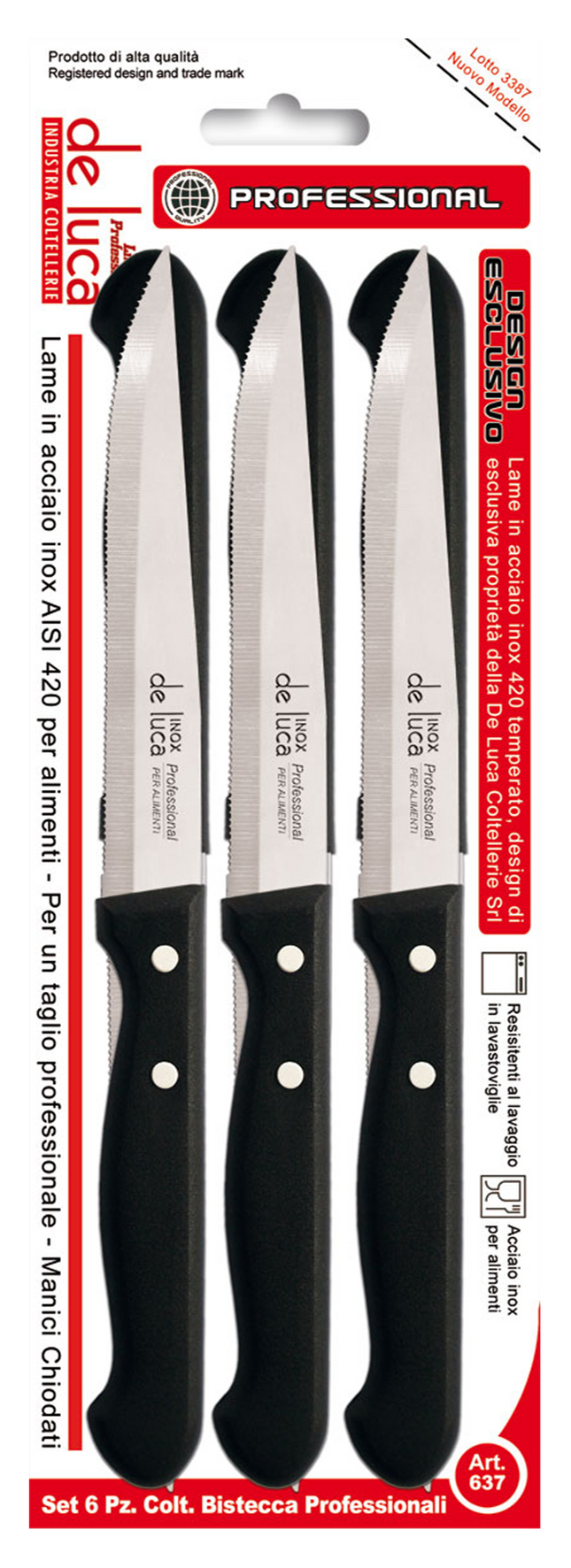 Coltelli Bistecca Set 6 Pz. Professionale con Manico Chiodato e Lama Dentata Manico Chiodato Nero De Luca Coltellerie