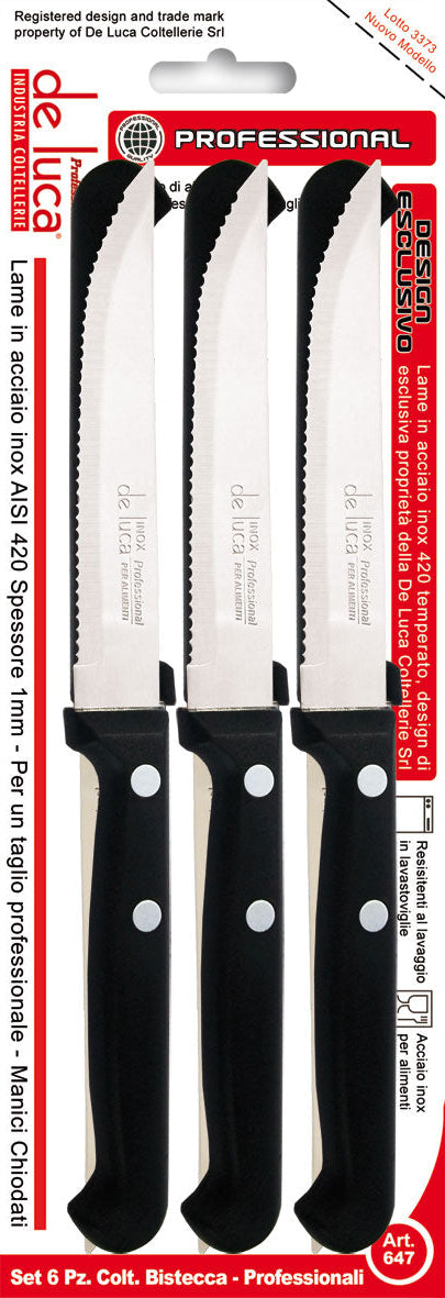Coltelli Bistecca Set 6 Pz. Professionale con Manico Chiodato e Lama Dentata Dentati Professionale De Luca Coltellerie