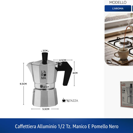 Caffettiera L'AROMA Alluminio Manico E Pomello Nero | 1/2 tz - 6 tz 1 2 tazza De Luca Coltelleria