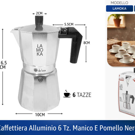 Caffettiera L'AROMA Alluminio Manico E Pomello Nero | 1/2 tz - 6 tz 6 tazza De Luca Coltelleria