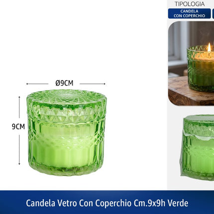 CANDELA VETRO CON COPERCHIO CM.9X9h VERDE De Luca