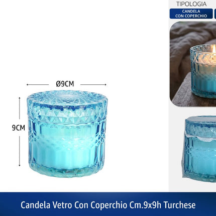 CANDELA VETRO CON COPERCHIO CM.9X9h TURCHESE De Luca