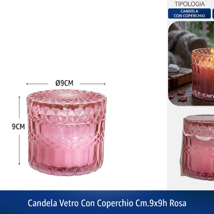 CANDELA VETRO CON COPERCHIO CM.9X9h ROSA De Luca