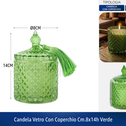 Candela Vetro con Coperchio | Diversi Colori e Dimensioni Verde Ø 8 x 14h cm Silani