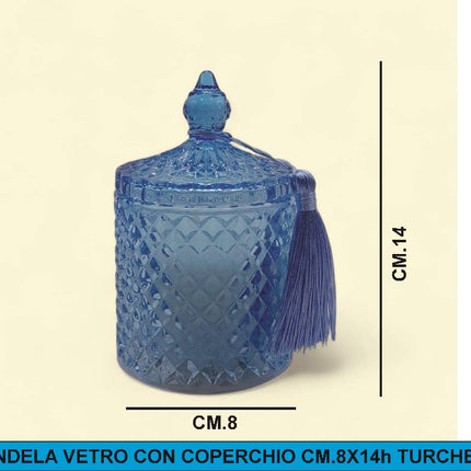 CANDELA VETRO CON COPERCHIO CM.8X14h TURCHESE De Luca