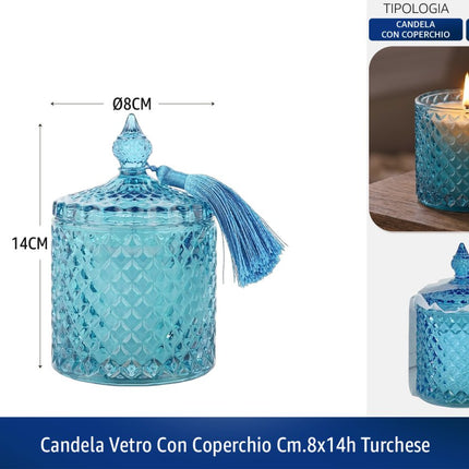 Candela Vetro con Coperchio | Diversi Colori e Dimensioni Turchese Ø 8 x 14h cm Silani