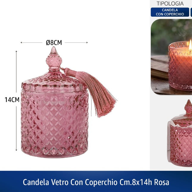 CANDELA VETRO CON COPERCHIO CM.8X14h ROSA De Luca