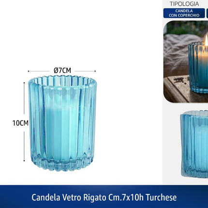 CANDELA VETRO RIGATO CM.7X10h TURCHESE De Luca
