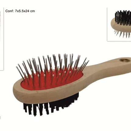 Spazzola Doppia per Cani e Gatti in Legno – Spazzola Cardatore 2 in 1 con Setole Morbide e Denti in Metallo con Puntini (21 cm) Due Esse