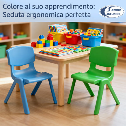 Sedia per Bambini in Plastica Impilabile, 36x33x48h cm, Portata 60 kg, Impermeabile per Interni ed Esterni - Azzurro, Verde e Bianco Due Esse