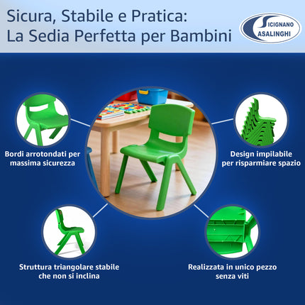 Sedia per Bambini in Plastica Impilabile, 36x33x48h cm, Portata 60 kg, Impermeabile per Interni ed Esterni - Azzurro, Verde e Bianco Due Esse