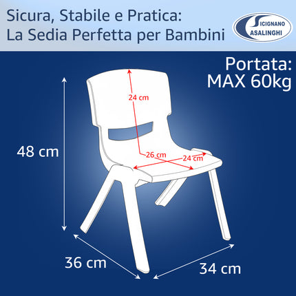 Sedia per Bambini in Plastica Impilabile, 36x33x48h cm, Portata 60 kg, Impermeabile per Interni ed Esterni - Azzurro, Verde e Bianco Due Esse