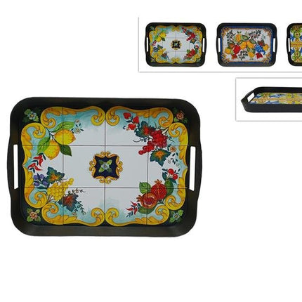 Vassoio Rettangolare in Plastica 30x22 cm – Vassoio da Portata Stile Maiolica con Manici